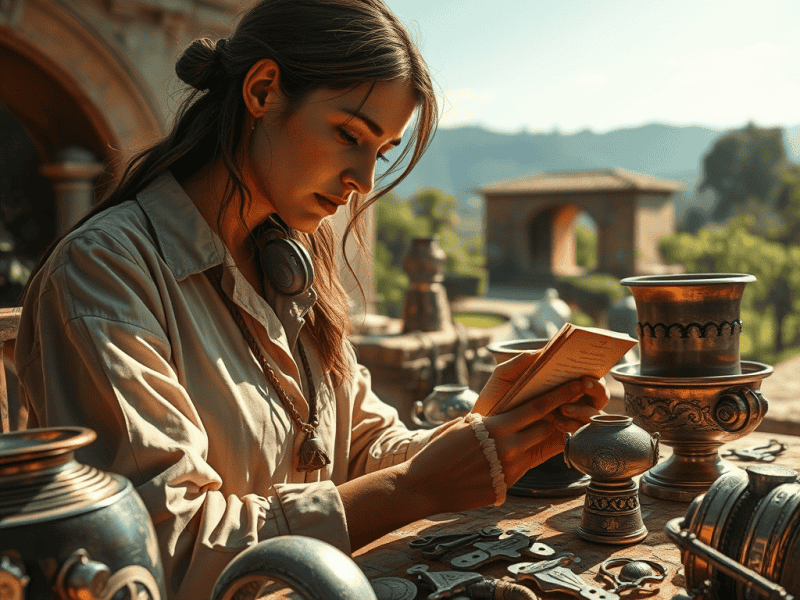 Ancient artifacts on a table with a woman reading outdoors in a historical setting.