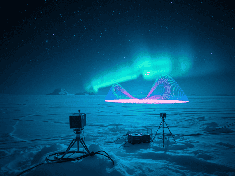 Bright northern lights illuminate the Arctic sky with a colorful light display over snow-covered terrain.