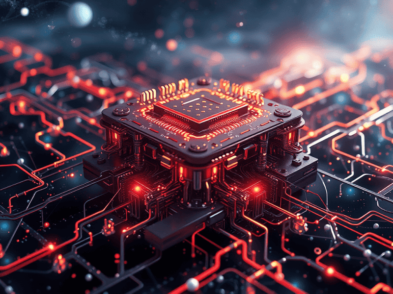 High-tech circuit board with glowing connections, emphasizing technological innovation and digital transformation.