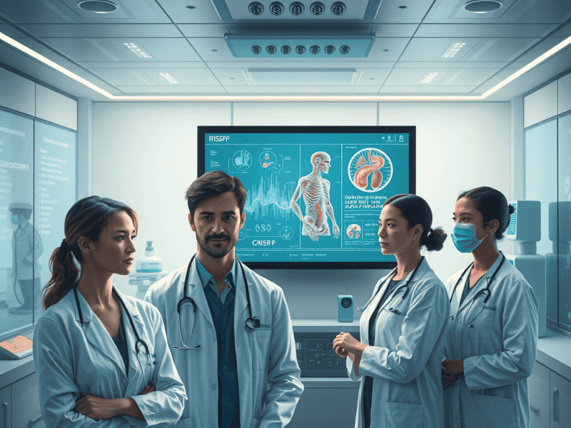 Advanced medical team reviewing patient diagnostics in modern hospital setting.