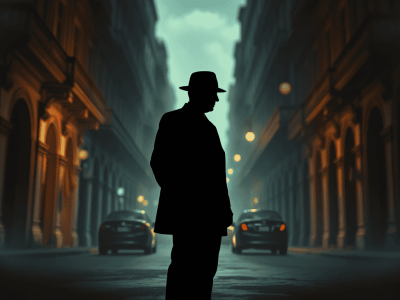 Silhouette of a man in a city street at dusk, evoking mystery and change.