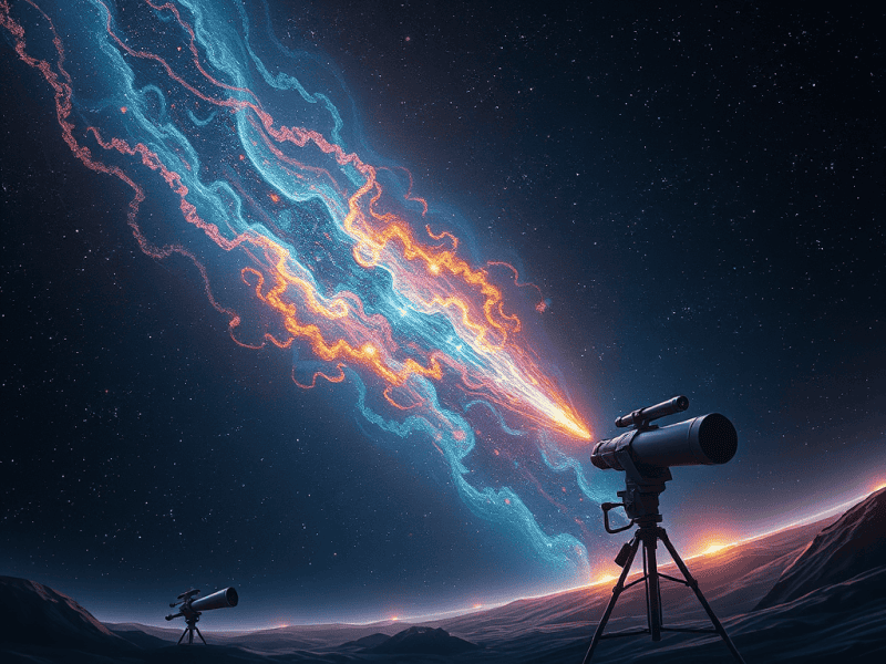 Vast space with telescopes capturing colorful cosmic meteor trails and stars in the night sky.
