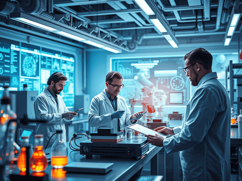 Innovative scientists conducting research in a modern laboratory for advancing scientific knowledge and technology.