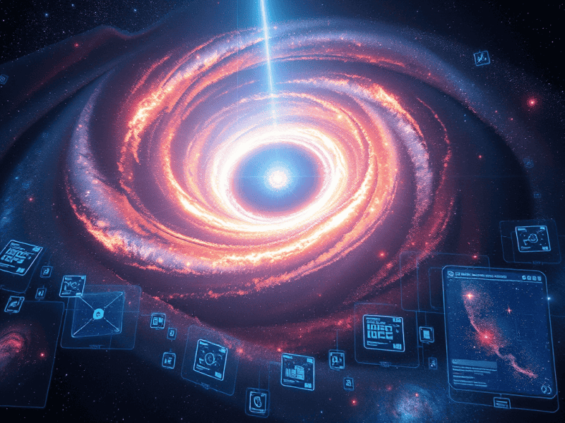 Cosmic galaxy swirling with digital technology elements representing knowledge and innovation.