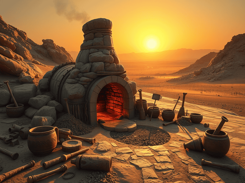 Ancient desert fire pit with pottery and tools at sunset, symbolizing traditional Middle Eastern storytelling and knowledge sharing.