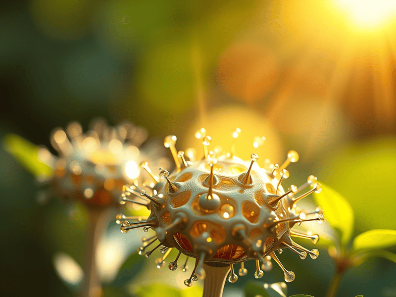 1. Close-up of coronavirus model with sunlight, representing viral health awareness and pandemic education.