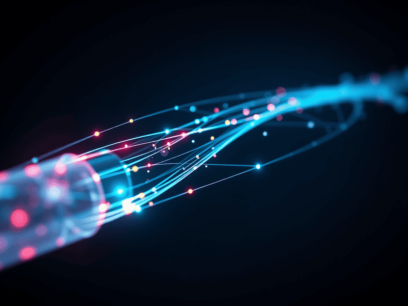 Vibrant fiber optic cables emitting colorful light against a dark background.