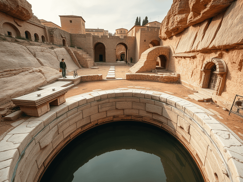Ancient archaeological site with stone structures and water feature at Changing Knowledge.