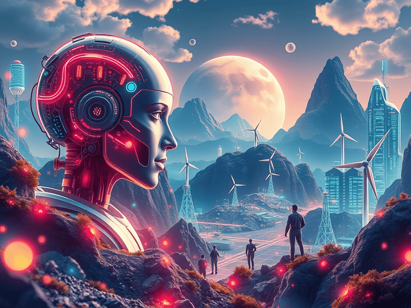 AI futuristic landscape with a robot and humans exploring a city with wind turbines and mountains under a large moon.