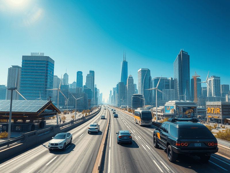 1. Modern city skyline with wind turbines and solar panels on highway in downtown commercial area.