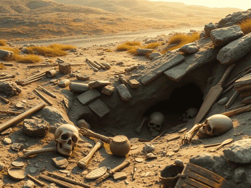 Skull and bones in archaeological excavation site in desert landscape.