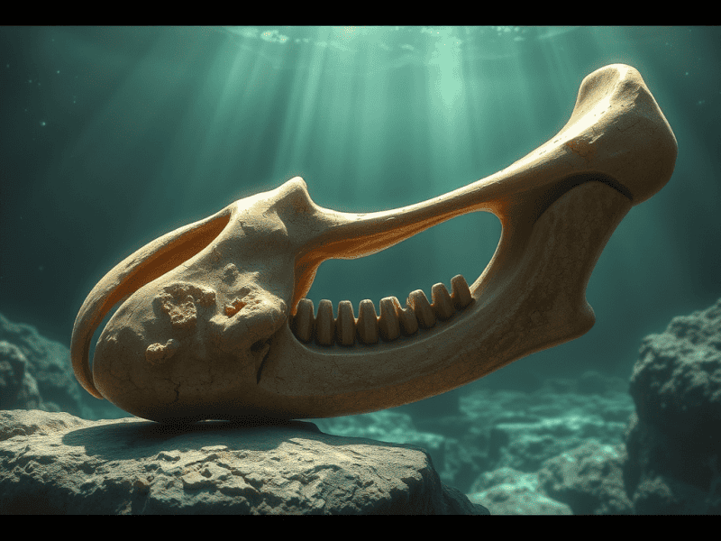Fossilized whale skull underwater, marine archaeology, ancient ocean life, prehistoric marine creature, Changing Knowledge.