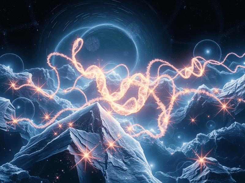 Quantum energy waves over icy mountain landscape at night, representing advanced science and innovation.