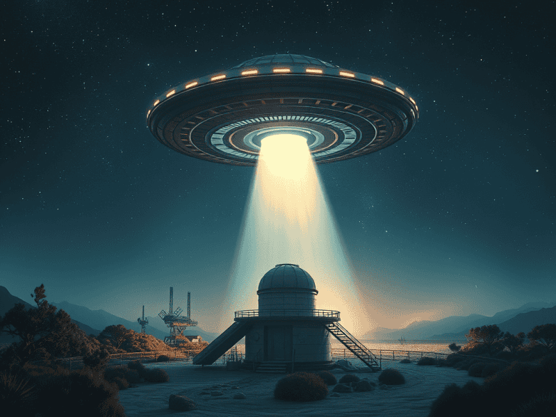 UFO abduction scene with spaceship beam over observatory, space and science fiction concept.