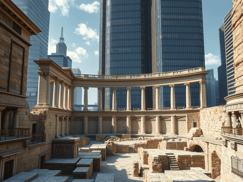 Ancient Roman ruins in modern city with skyscrapers, blending history and urban development.