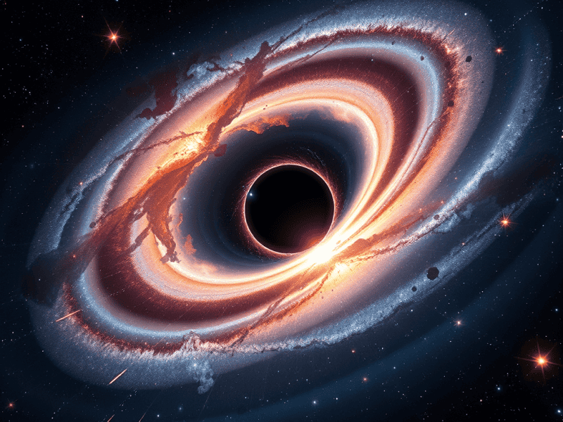 Black hole surrounded by glowing cosmic rings in deep space.