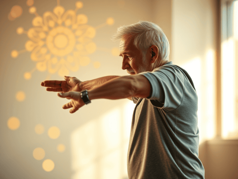 Elderly man stretching during exercise for health and wellness in senior fitness program.