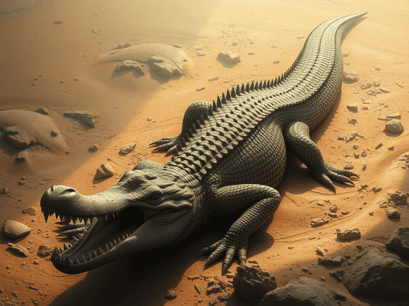 Crocodile in desert with sand and rocks, wildlife, nature.