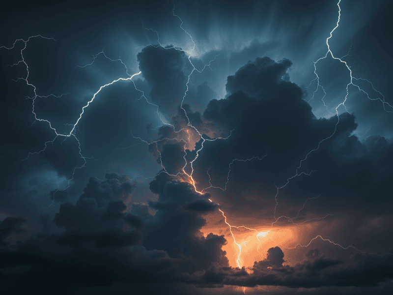 Vivid lightning storm with dark clouds under a stormy sky, showcasing natural weather phenomena.