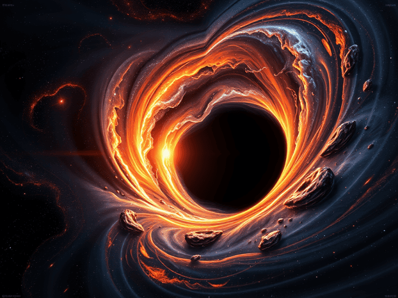 Vast black hole surrounded by glowing orange and red cosmic vortex in space.