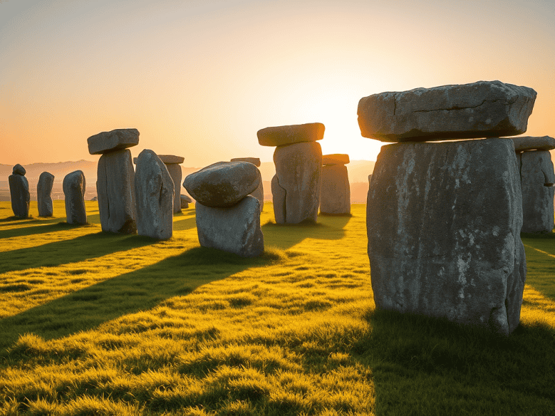Ancient stone circle at sunset in a lush green field, symbolizing history and cultural exploration.