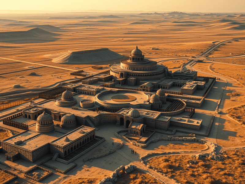 Ancient desert city with grand architecture, surrounded by vast sand dunes, during sunset.