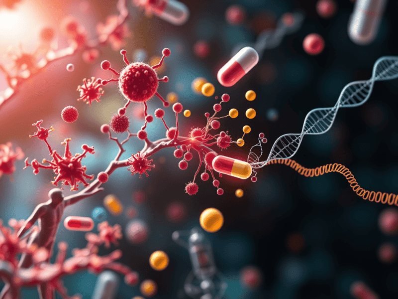 Virus and DNA interaction illustration for microbiology research and genetic science insights.