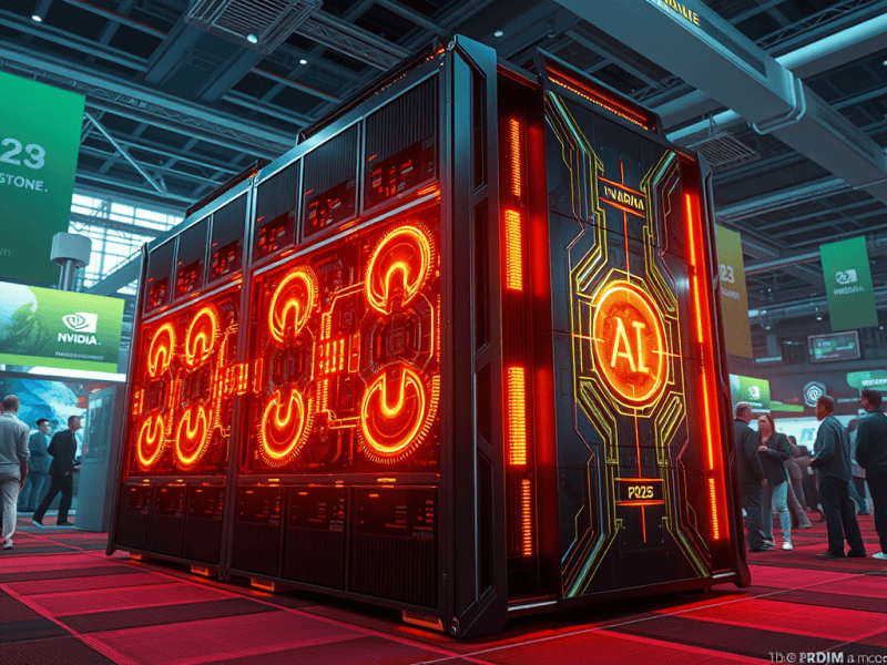Advanced AI server with glowing power symbols at Changing Knowledge expo.