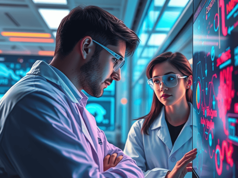 Innovative medical researchers analyzing data in a high-tech laboratory for health insights.
