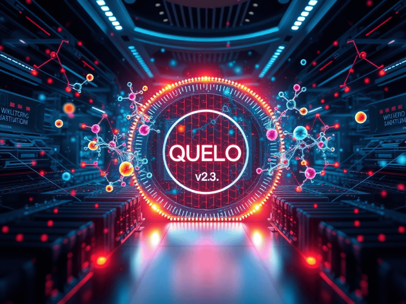 Advanced data visualization and network analysis with Quelo v2.3 in a high-tech server room.