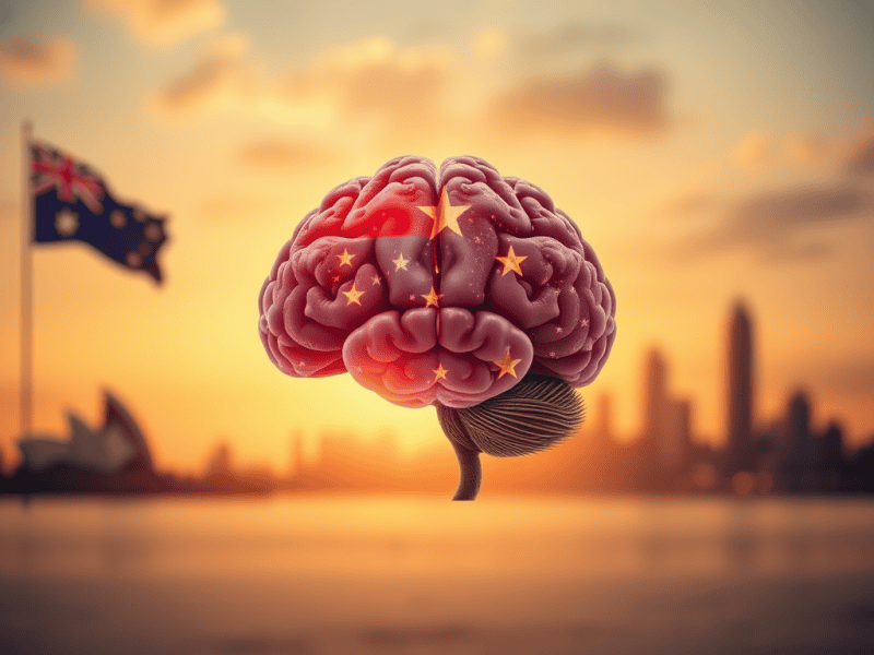 Brain with Chinese flag stars symbolizing knowledge and learning, city skyline in background at sunset.