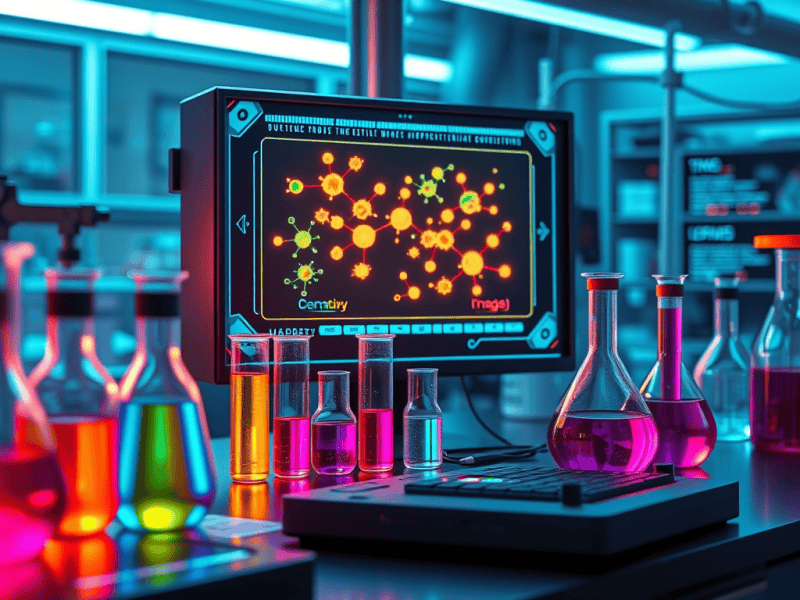 Hovering chemical lab with colorful liquids and a digital display showing molecular structures.