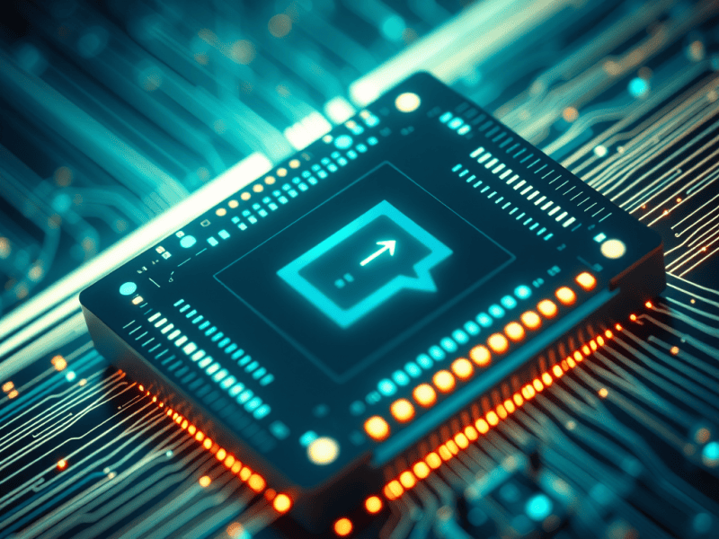 AI microchip with digital data transfer icon, futuristic technology concept, cybersecurity, and data processing.