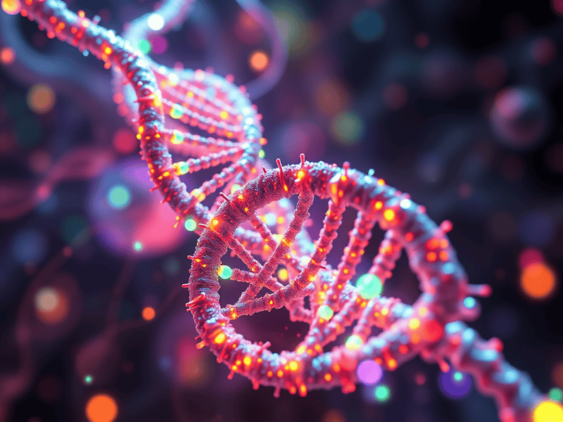 Enhanced DNA double helix with colorful glowing lights, representing genetic research and biotechnology.