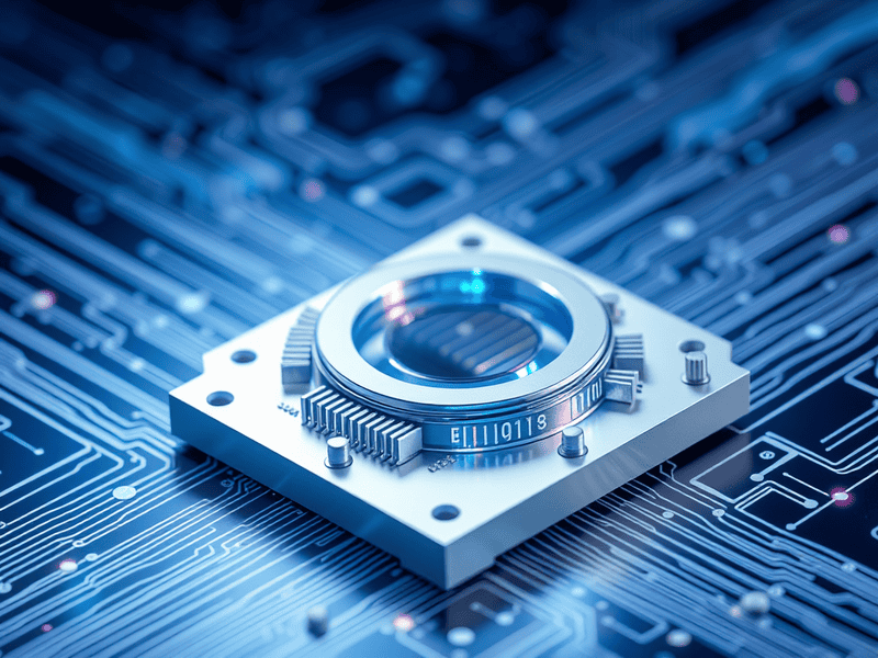 Advanced semiconductor component on digital circuit board, innovation in electronic hardware design.