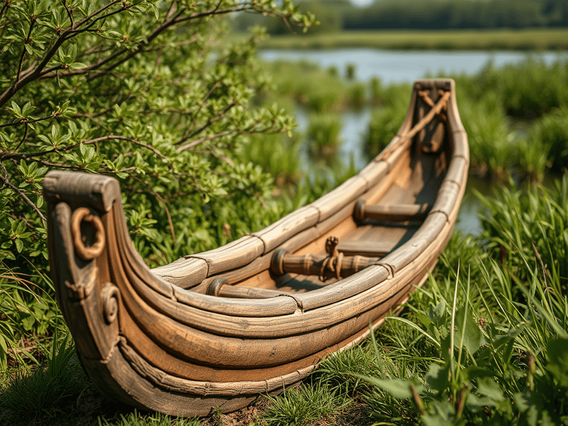 - Image 1 Vintage wooden boat on lush green riverbank, peaceful nature scene.