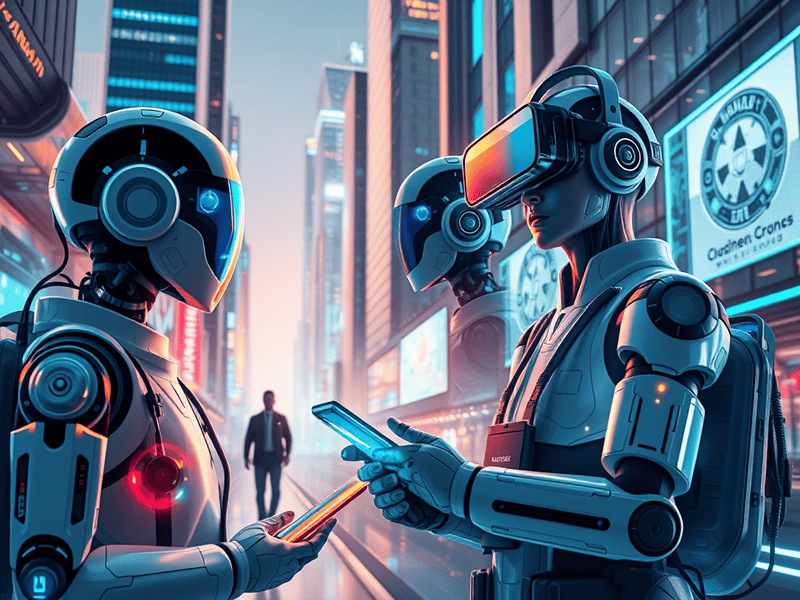Futuristic cityscape with robots using virtual reality and smartphones in a digital era.