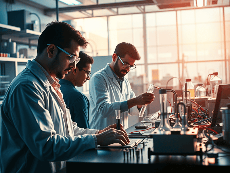 Innovative scientists conducting laboratory experiments in a modern research facility.