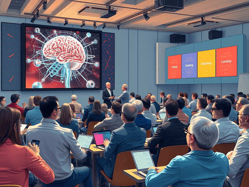 Brain illustration with neural connections at a conference on changing knowledge and innovative learning methods.