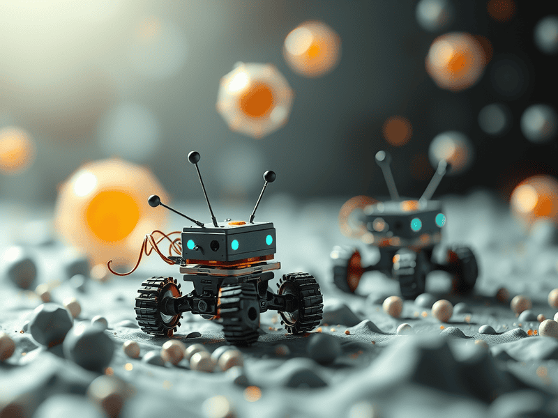 Small robot toy with antennae on a textured surface, futuristic technology concept.