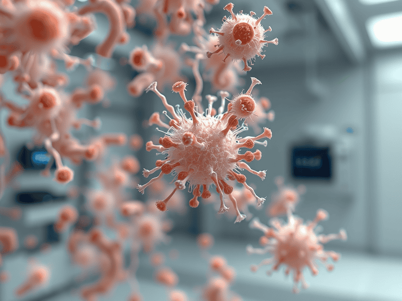 1. Virus particles floating in a medical or laboratory setting, representing infectious diseases.