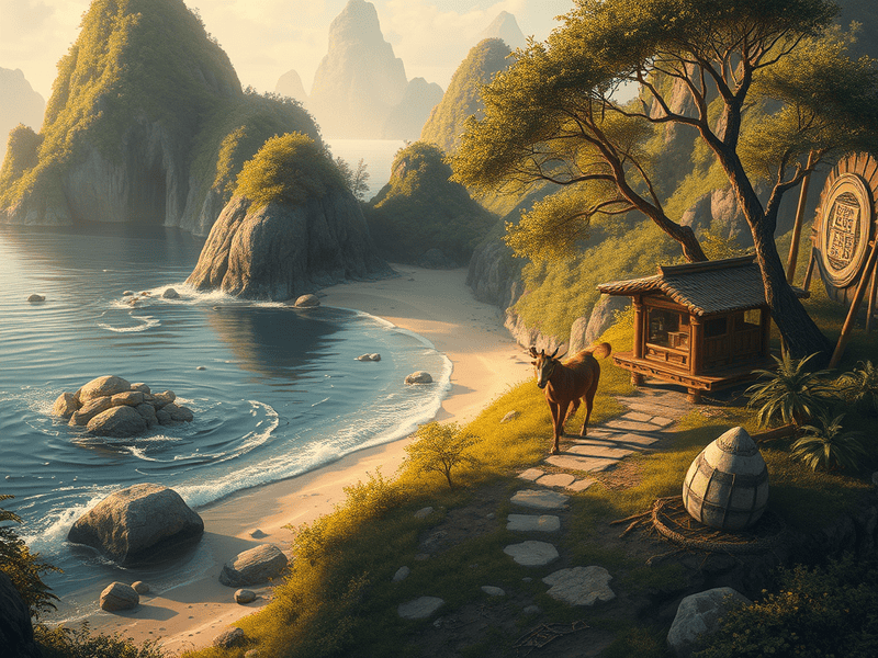 Serene coastal landscape with lush greenery, traditional hut, and peaceful donkey by the shore.